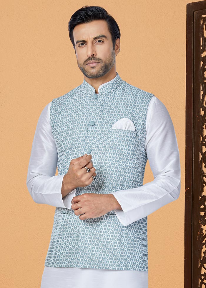3 Pc White Dupion Silk Ethnic Wear - Indian Silk House Agencies