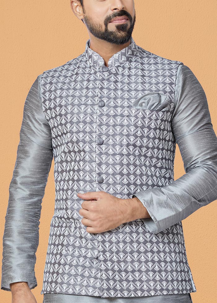 3 Pc Grey Dupion Silk Ethnic Wear - Indian Silk House Agencies