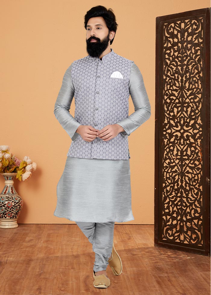 3 Pc Grey Dupion Silk Ethnic Wear - Indian Silk House Agencies