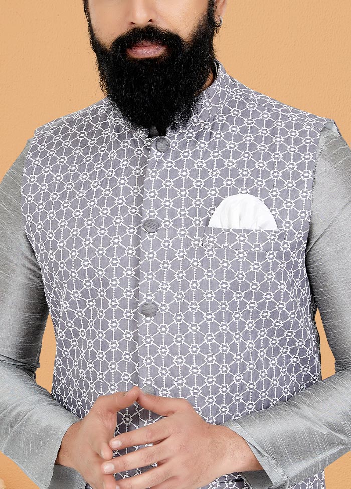3 Pc Grey Dupion Silk Ethnic Wear - Indian Silk House Agencies