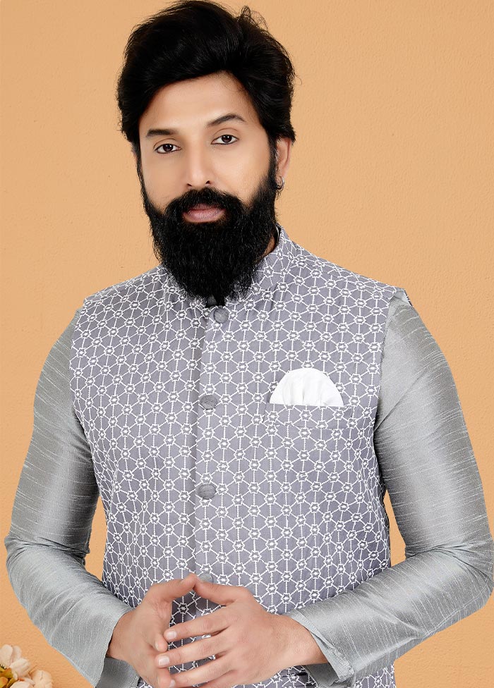 3 Pc Grey Dupion Silk Ethnic Wear - Indian Silk House Agencies