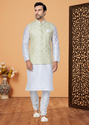 3 Pc White Dupion Silk Ethnic Wear - Indian Silk House Agencies