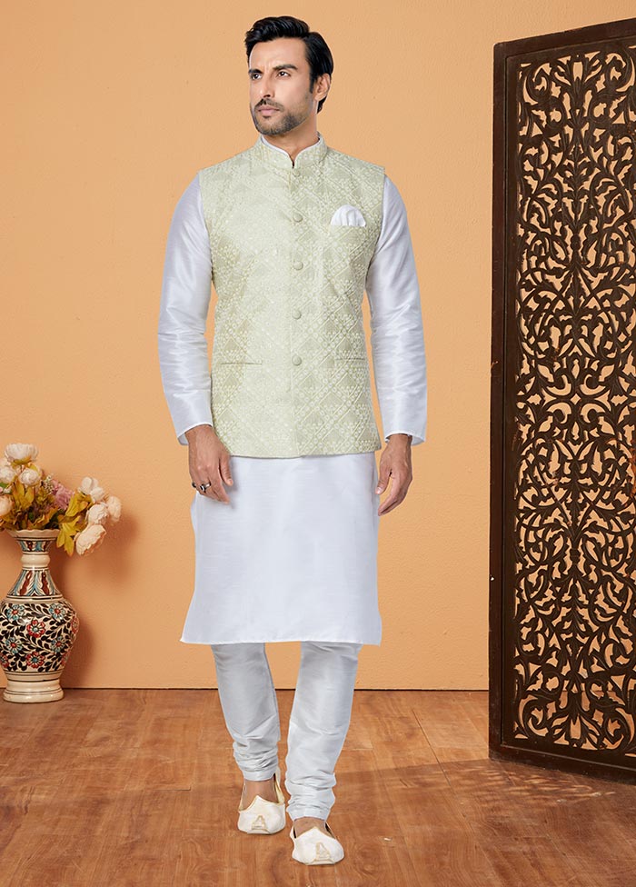 3 Pc White Dupion Silk Ethnic Wear - Indian Silk House Agencies