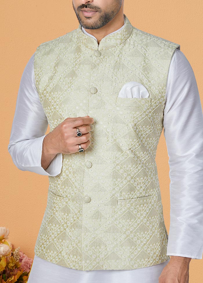 3 Pc White Dupion Silk Ethnic Wear - Indian Silk House Agencies