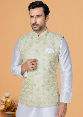 3 Pc White Dupion Silk Ethnic Wear - Indian Silk House Agencies