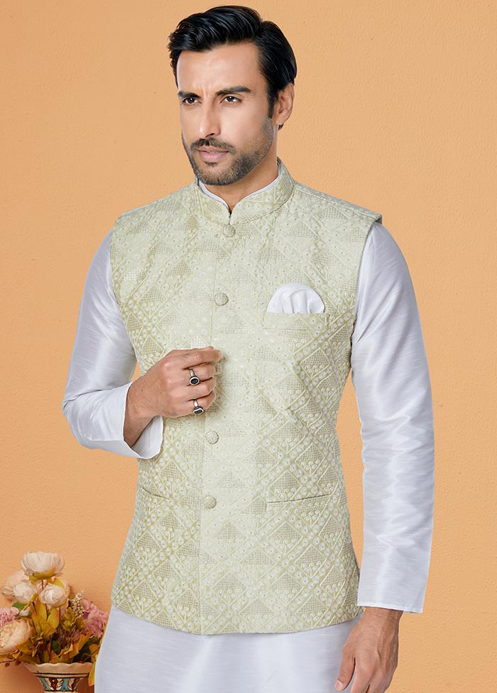 3 Pc White Dupion Silk Ethnic Wear - Indian Silk House Agencies