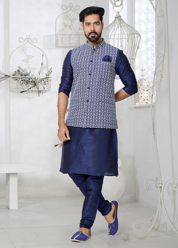 3 Pc Navy Blue Dupion Silk Ethnic Wear - Indian Silk House Agencies