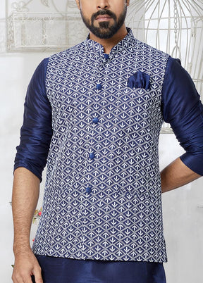3 Pc Navy Blue Dupion Silk Ethnic Wear - Indian Silk House Agencies