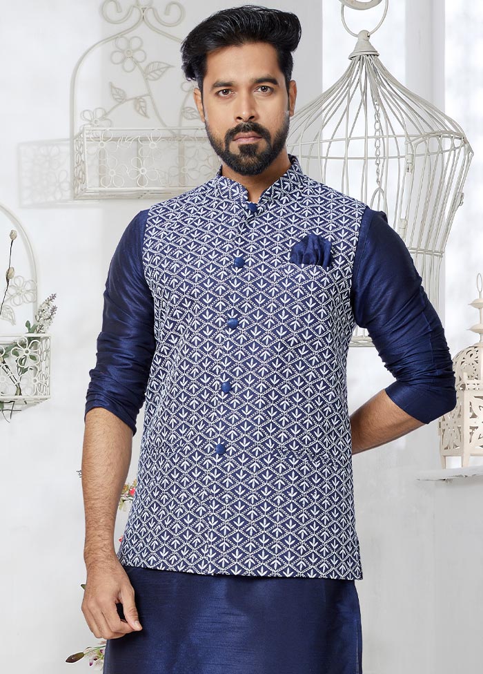 3 Pc Navy Blue Dupion Silk Ethnic Wear - Indian Silk House Agencies