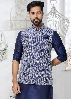 3 Pc Navy Blue Dupion Silk Ethnic Wear - Indian Silk House Agencies