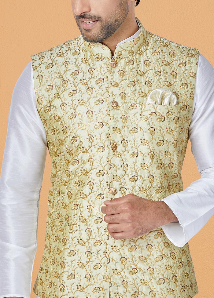 3 Pc White Dupion Silk Ethnic Wear - Indian Silk House Agencies