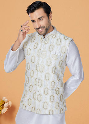 3 Pc Off White Dupion Silk Ethnic Wear - Indian Silk House Agencies