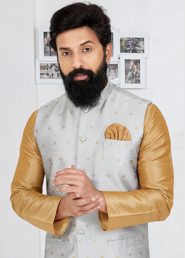 3 Pc Chiku Dupion Silk Kurta Pajama Set - Indian Silk House Agencies