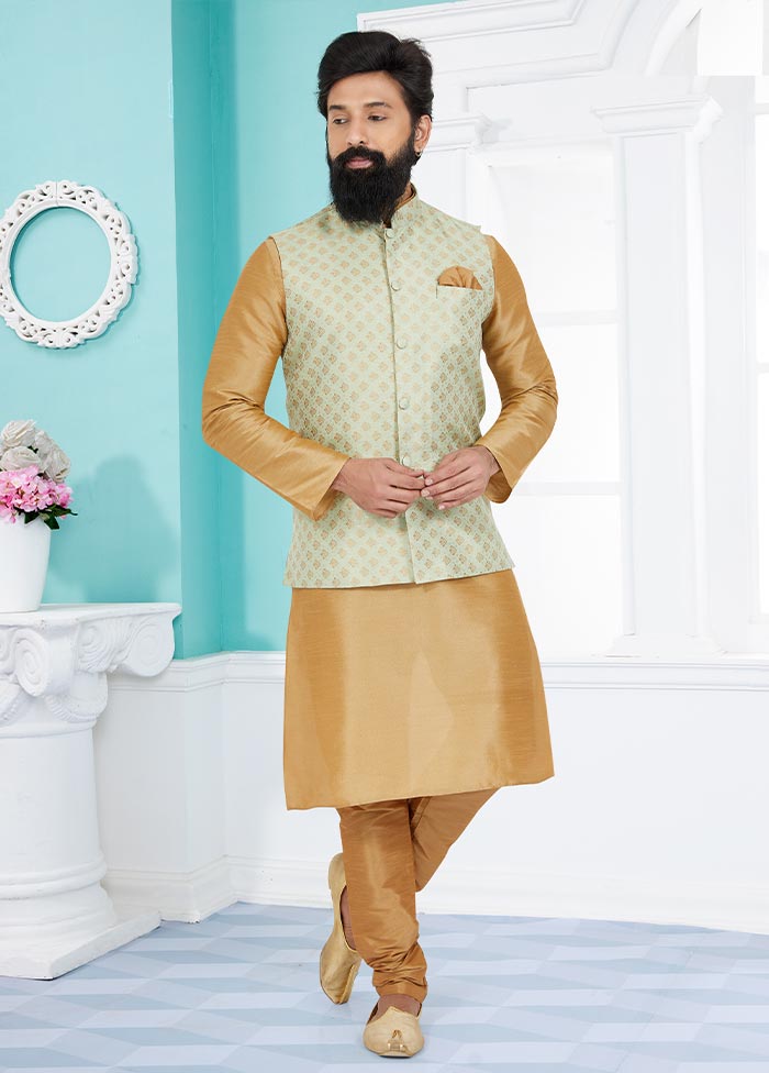 3 Pc Chiku Dupion Silk Kurta Pajama Set - Indian Silk House Agencies