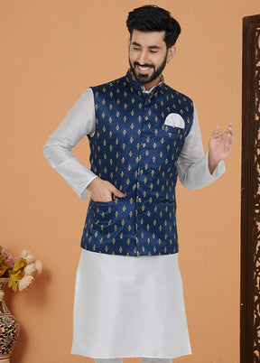 Navy Blue Full Sleeves Mandarin Collar Waistcoat - Indian Silk House Agencies