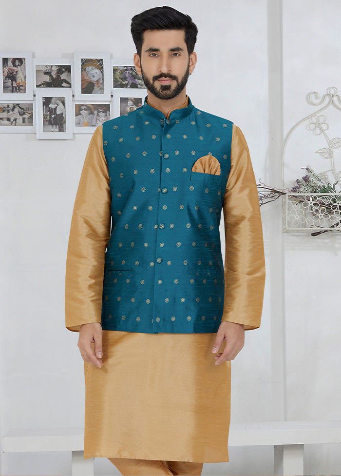 Blue Full Sleeves Mandarin Collar Waistcoat - Indian Silk House Agencies