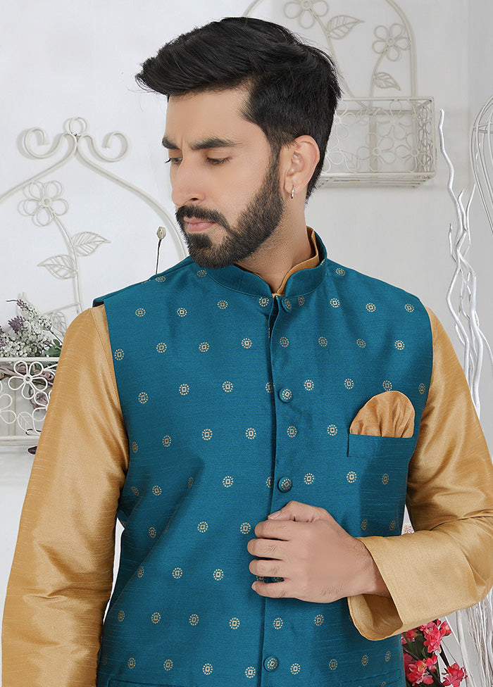 Blue Full Sleeves Mandarin Collar Waistcoat - Indian Silk House Agencies