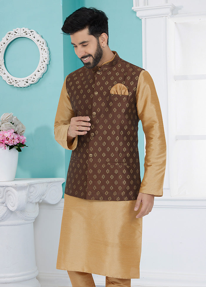 Brown Full Sleeves Mandarin Collar Waistcoat - Indian Silk House Agencies