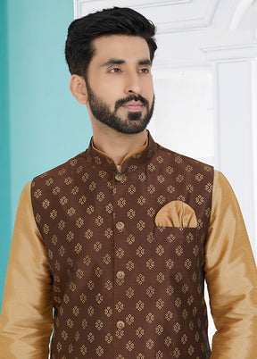 Brown Full Sleeves Mandarin Collar Waistcoat - Indian Silk House Agencies