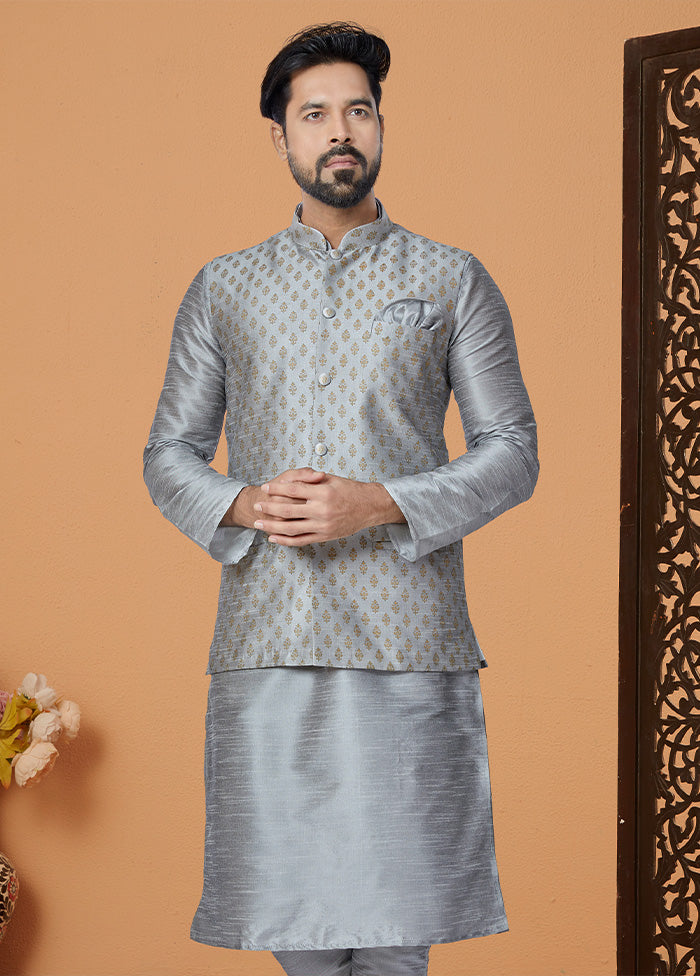 Grey Full Sleeves Mandarin Collar Waistcoat - Indian Silk House Agencies