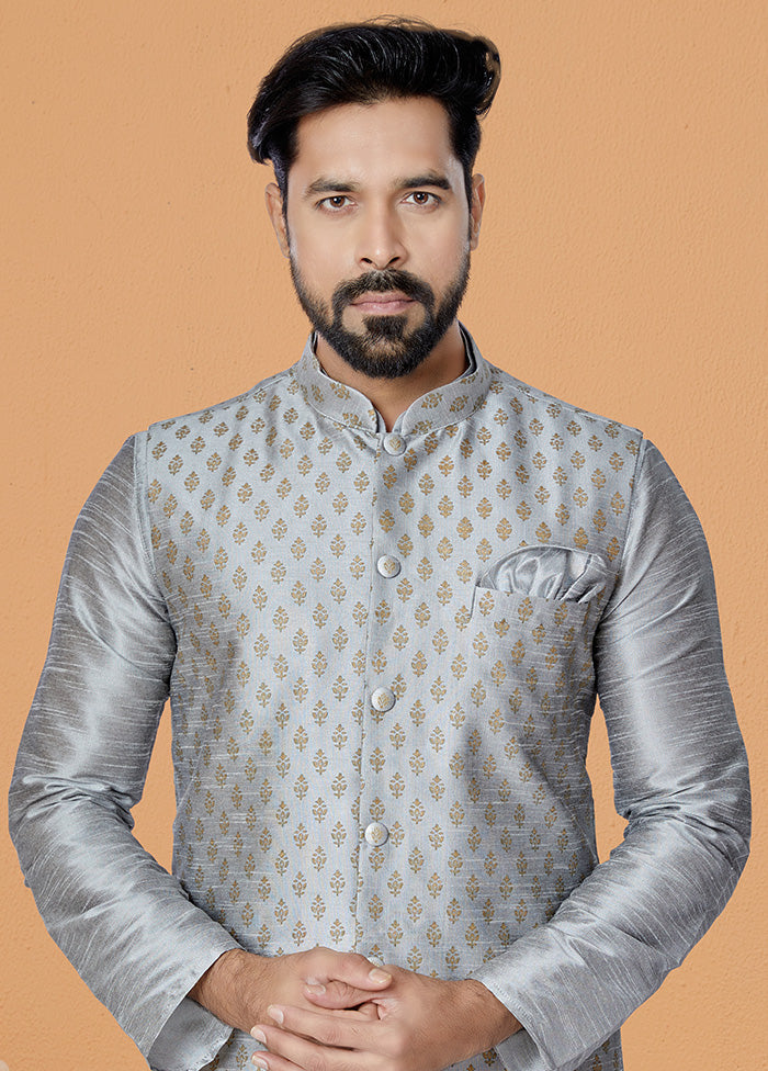 Grey Full Sleeves Mandarin Collar Waistcoat - Indian Silk House Agencies