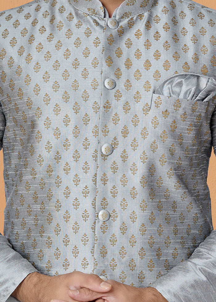 Grey Full Sleeves Mandarin Collar Waistcoat - Indian Silk House Agencies