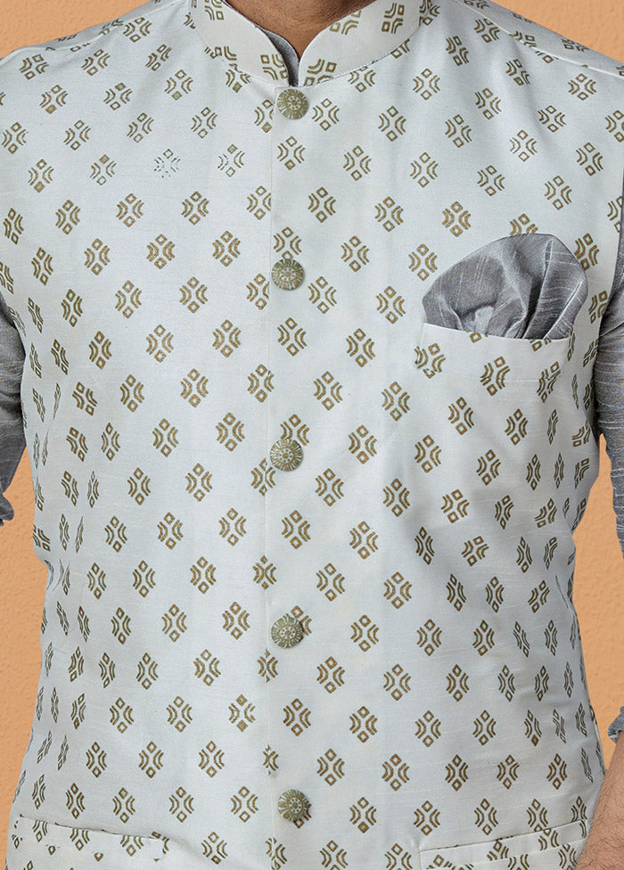 Off White Full Sleeves Mandarin Collar Waistcoat - Indian Silk House Agencies