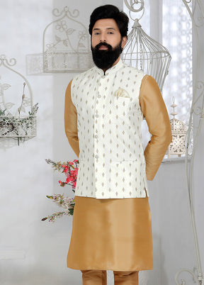 White Full Sleeves Mandarin Collar Waistcoat - Indian Silk House Agencies