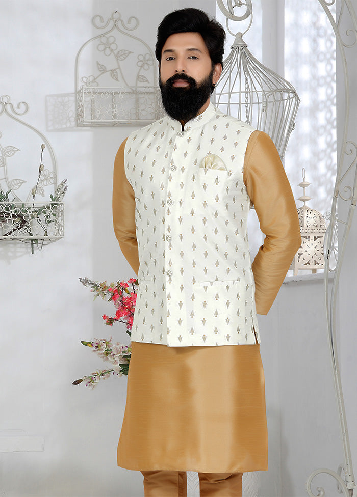 White Full Sleeves Mandarin Collar Waistcoat - Indian Silk House Agencies