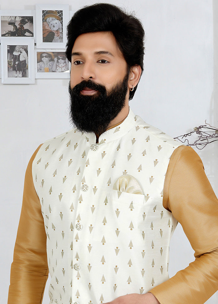 White Full Sleeves Mandarin Collar Waistcoat - Indian Silk House Agencies