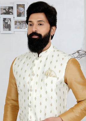 White Full Sleeves Mandarin Collar Waistcoat - Indian Silk House Agencies