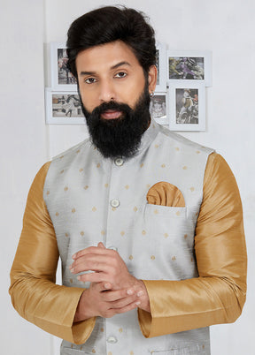 Grey Full Sleeves Mandarin Collar Waistcoat - Indian Silk House Agencies