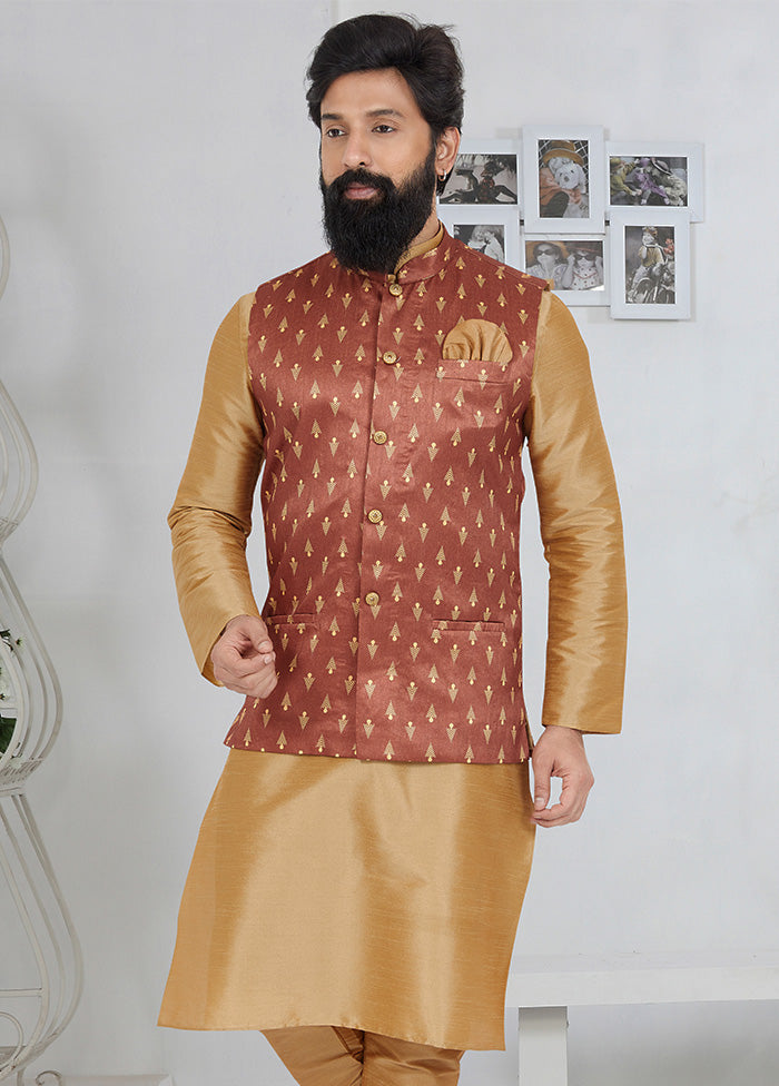 Light Brown Full Sleeves Mandarin Collar Waistcoat - Indian Silk House Agencies