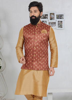 Light Brown Full Sleeves Mandarin Collar Waistcoat - Indian Silk House Agencies