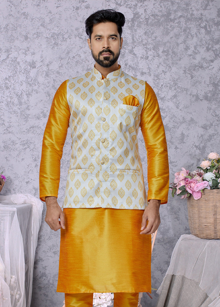 White Full Sleeves Mandarin Collar Waistcoat - Indian Silk House Agencies