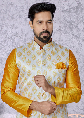 White Full Sleeves Mandarin Collar Waistcoat - Indian Silk House Agencies
