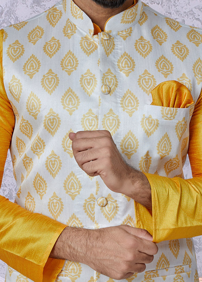 White Full Sleeves Mandarin Collar Waistcoat - Indian Silk House Agencies