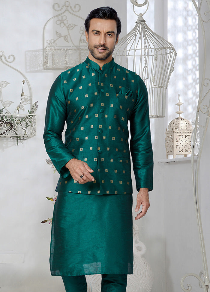 Rama Green Full Sleeves Mandarin Collar Waistcoat - Indian Silk House Agencies