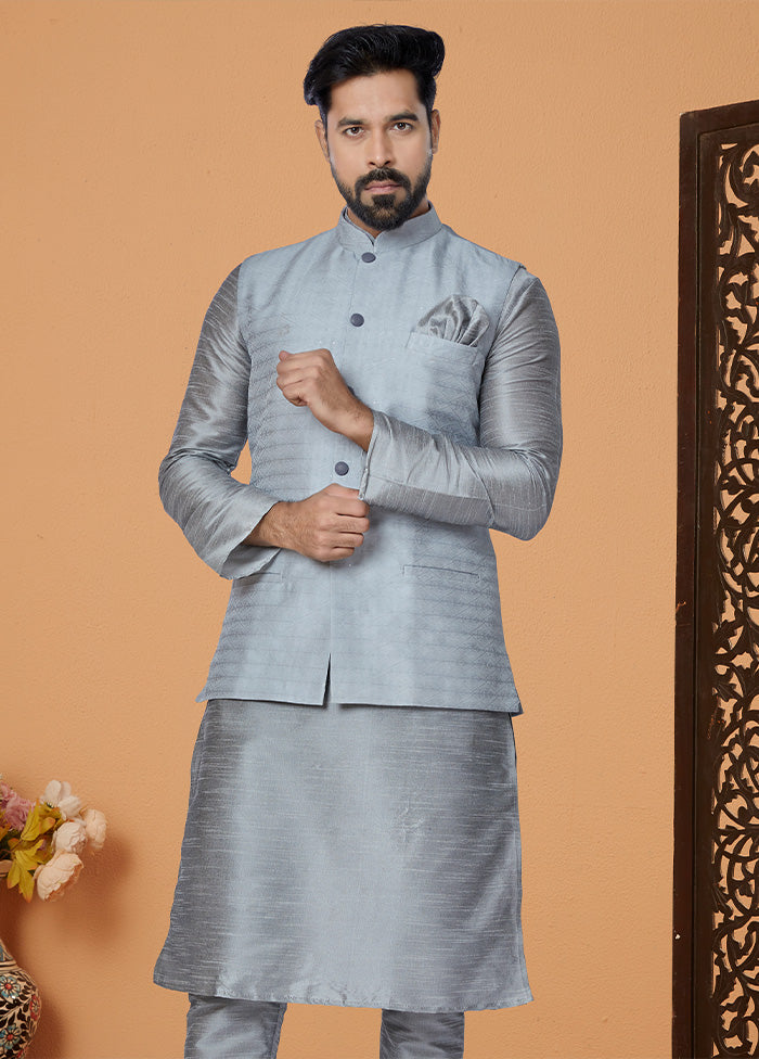 Grey Full Sleeves Mandarin Collar Waistcoat - Indian Silk House Agencies
