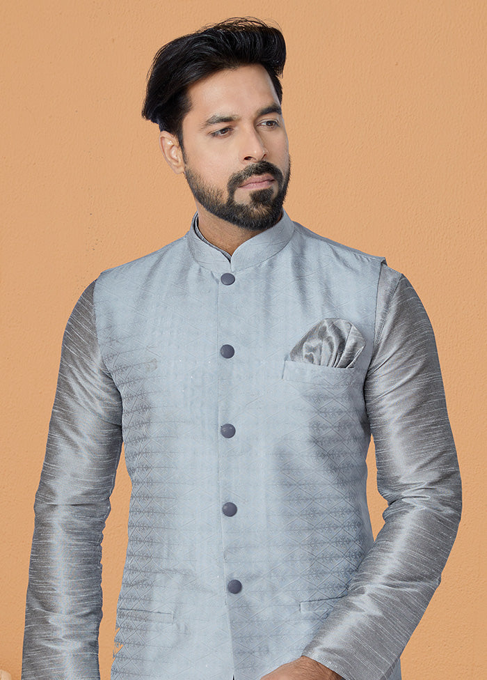 Grey Full Sleeves Mandarin Collar Waistcoat - Indian Silk House Agencies