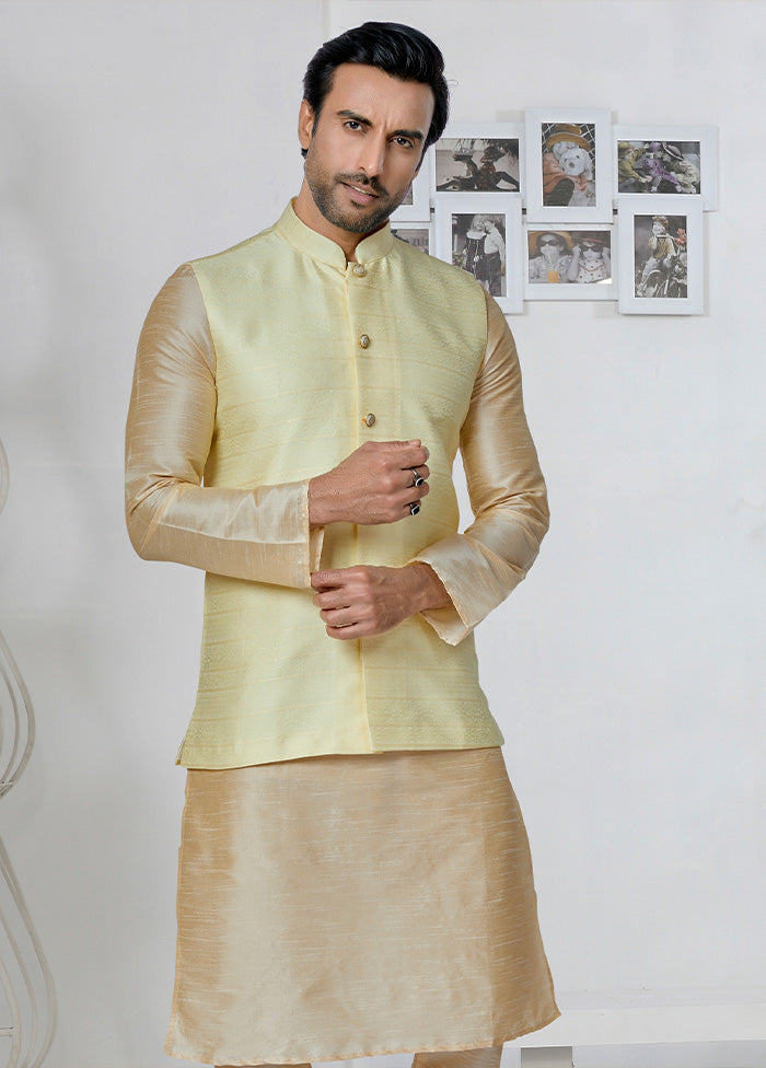 Yellow Full Sleeves Mandarin Collar Waistcoat - Indian Silk House Agencies