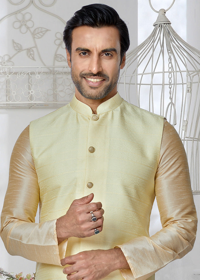 Yellow Full Sleeves Mandarin Collar Waistcoat - Indian Silk House Agencies