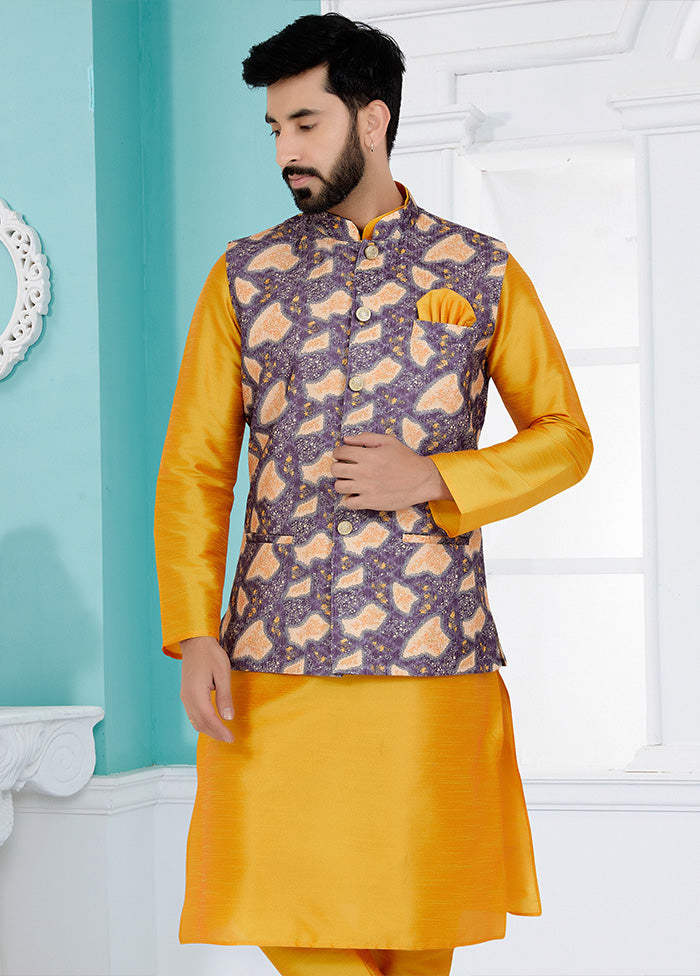 Purple Full Sleeves Mandarin Collar Waistcoat - Indian Silk House Agencies