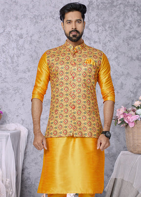 Yellow Full Sleeves Mandarin Collar Waistcoat - Indian Silk House Agencies