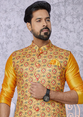 Yellow Full Sleeves Mandarin Collar Waistcoat - Indian Silk House Agencies