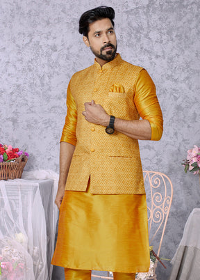 Mustard Full Sleeves Mandarin Collar Waistcoat - Indian Silk House Agencies