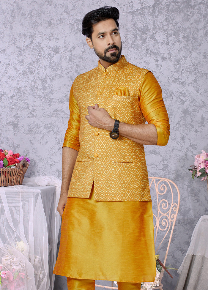 Mustard Full Sleeves Mandarin Collar Waistcoat - Indian Silk House Agencies