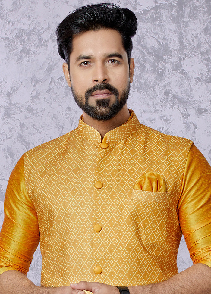 Mustard Full Sleeves Mandarin Collar Waistcoat - Indian Silk House Agencies