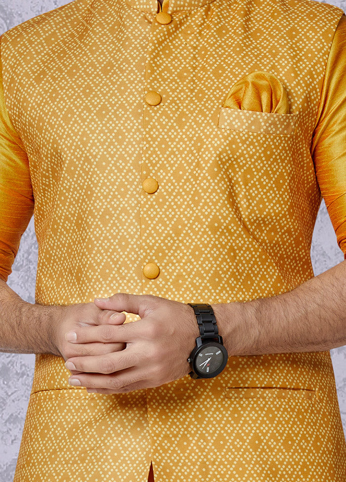 Mustard Full Sleeves Mandarin Collar Waistcoat - Indian Silk House Agencies