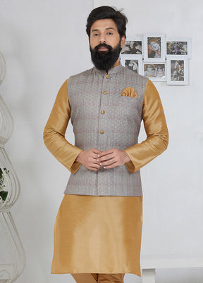 Grey Full Sleeves Mandarin Collar Waistcoat - Indian Silk House Agencies